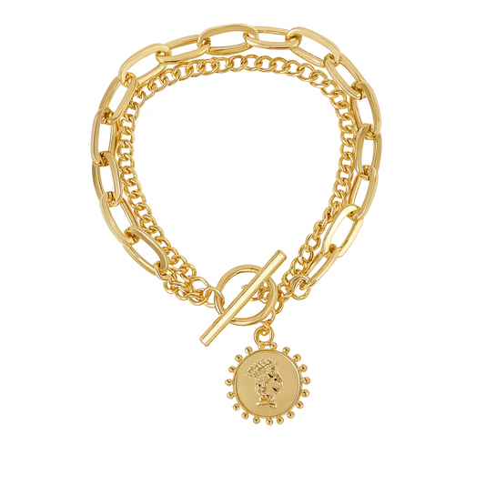 Gold Plated Double Chain Coin Charm Bracelet