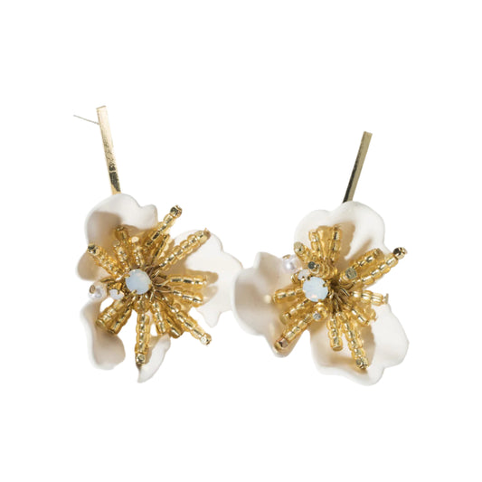White Clay Flower And Gold Beaded Drop Earrings