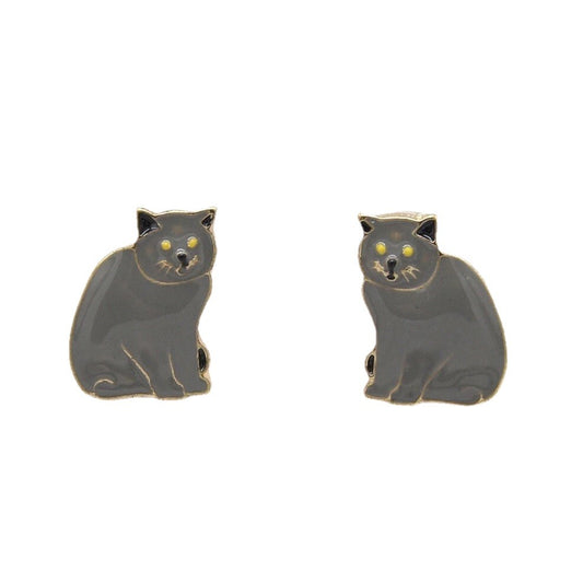 Gold And Enamel Grey Scotch Fold Cat Stud Earring