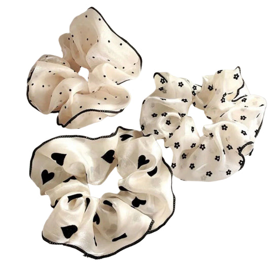 Black And White Floral Chiffon Hair Scrunchies 3 Piece Set