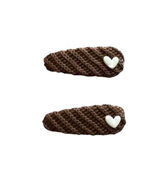 Brown Oval Heart Crochet Fabric 2 Piece Hair Clip Set