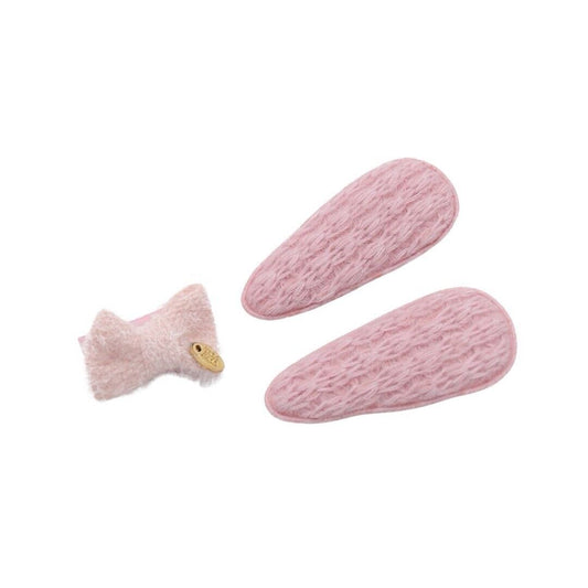 Pink Bow And Crochet Oval Fabric 3 Piece Hair clip Set