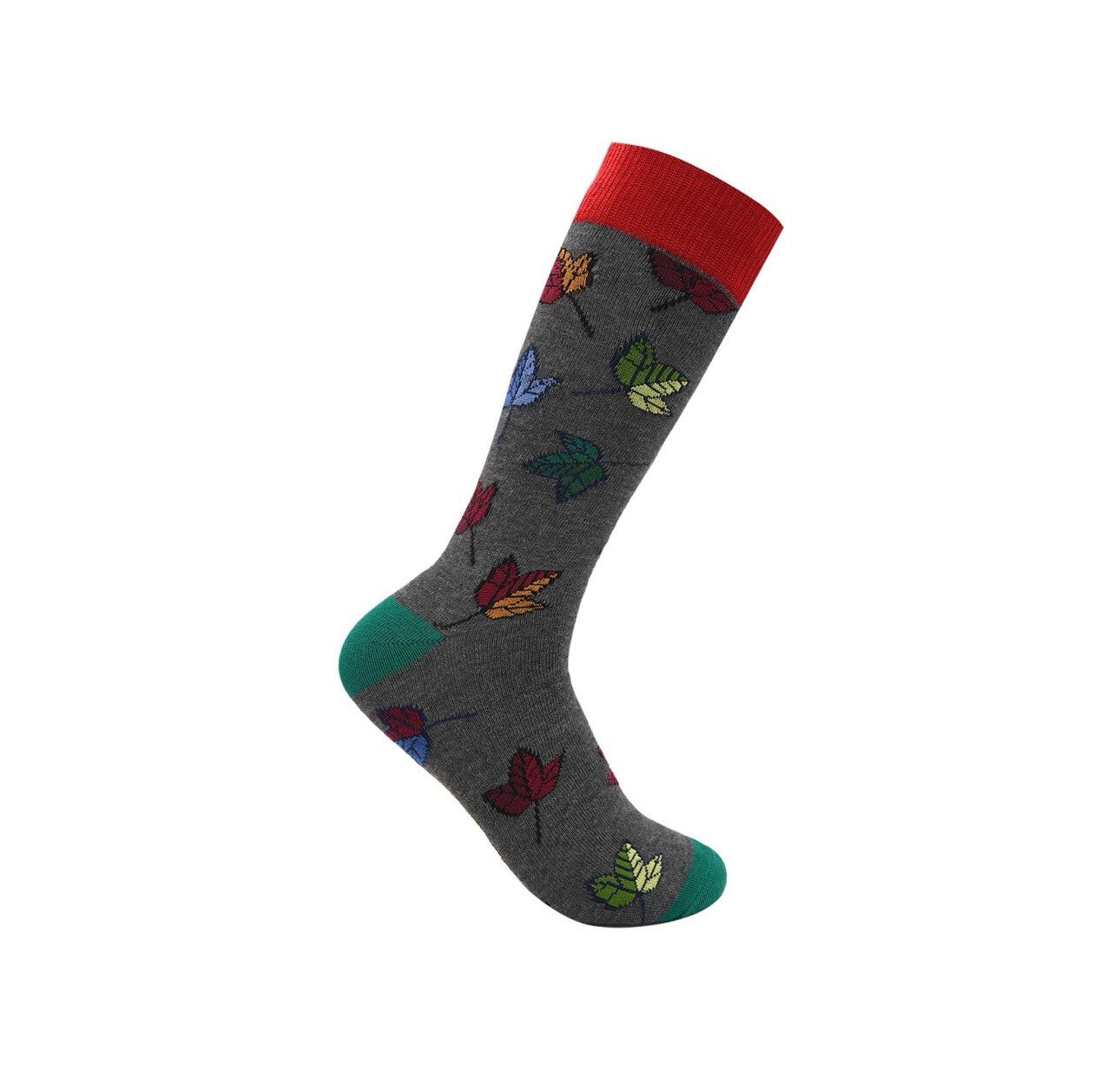 Grey , Green And Red Fall Leaves Orange Over The Calf Socks