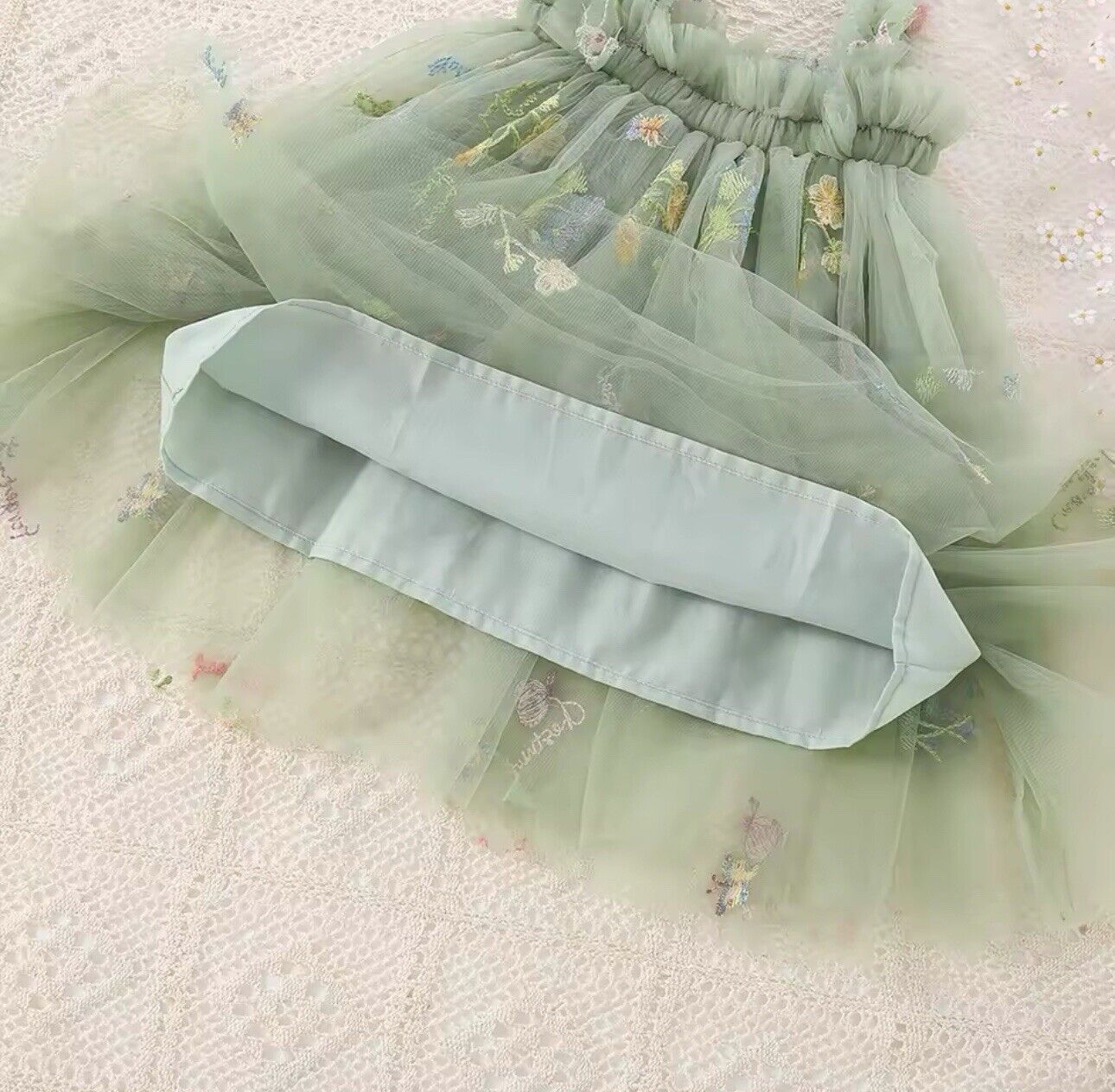 6-12 M Baby Girl Sage Green Mesh Embroidered Fit And Tutu Flare Dress