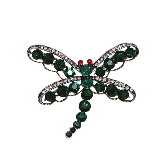 Silver and Green Dragonfly Cubic Zirconia Brooch