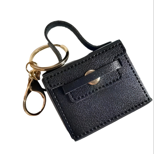 Black Faux Leather Keychain Bag/Coin Purse/ Earplugs