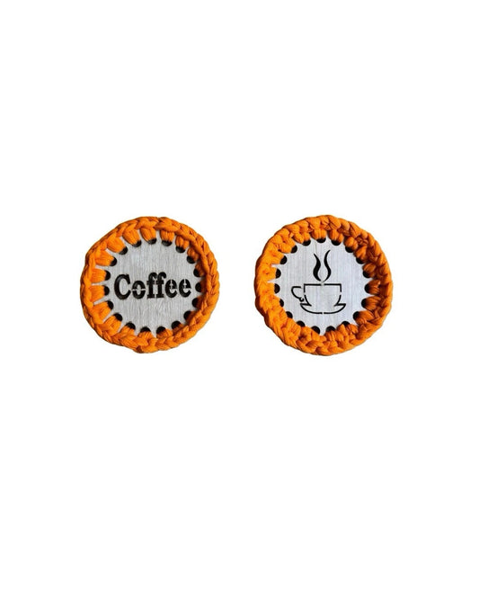 Orange Handmade Crochet And Wood Coffee Round Coaster Set
