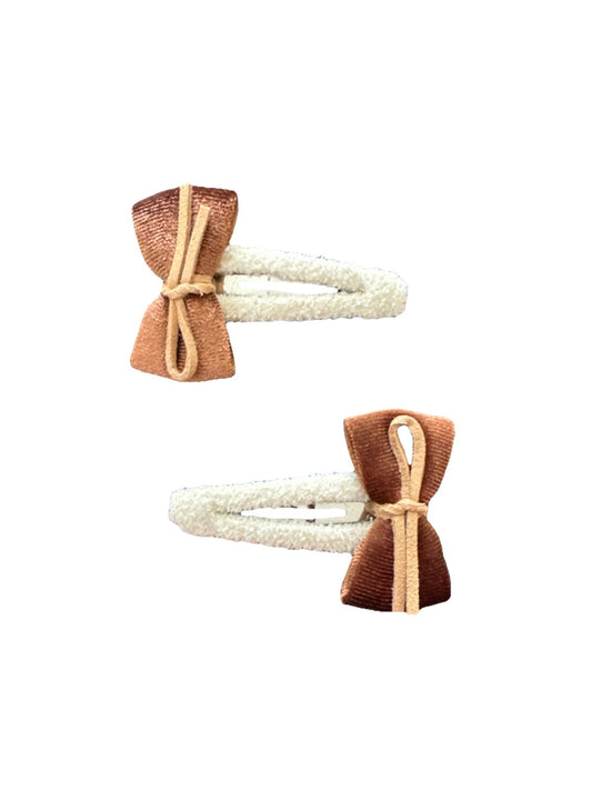 Brown Velvet Bow Crochet White Fabric 2 Piece Hair Clip Set