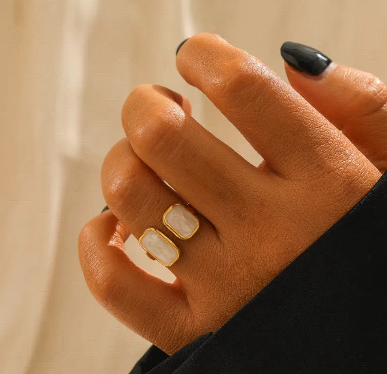 Gold Double White Stone Stainless Steel Square Adjustable Ring