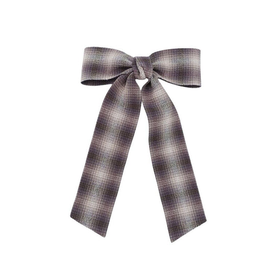 Grey/Black Plaid Fabric Long hair Barrette/ bow