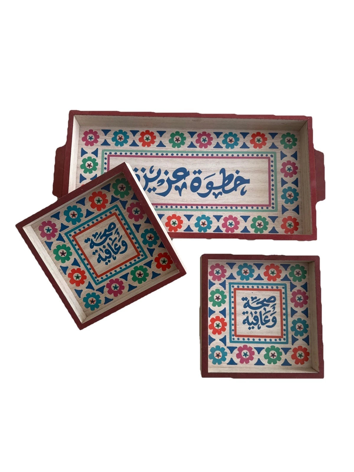 Handmade Mediterranean Welcome Arabic Writings Colorful 3 Piece Set Tray