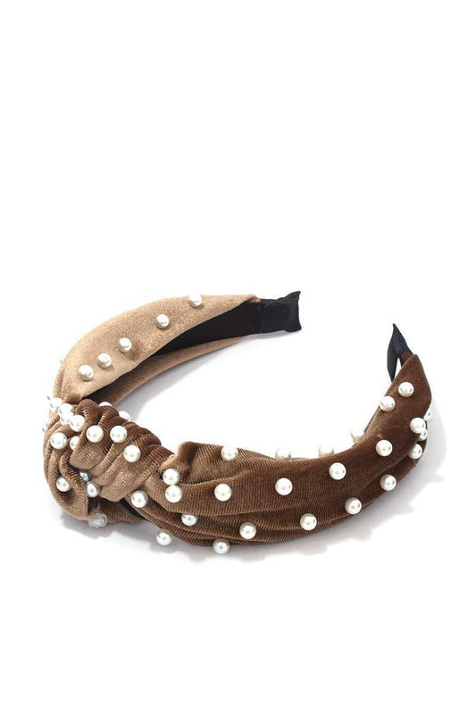 Brown Soft Velvet Pearl Knot Headband/Hairband