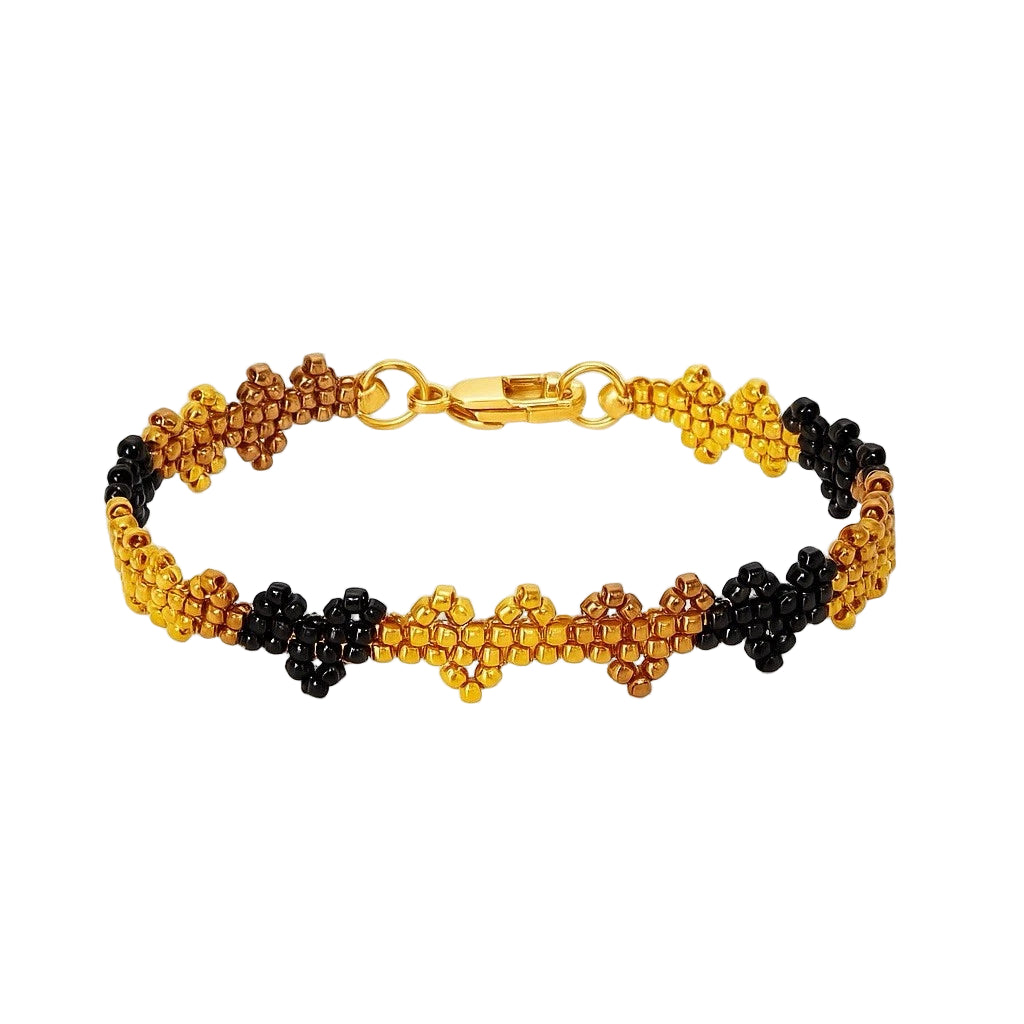 Brown Black And Gold Hearts Handmade Beaded Bracelet