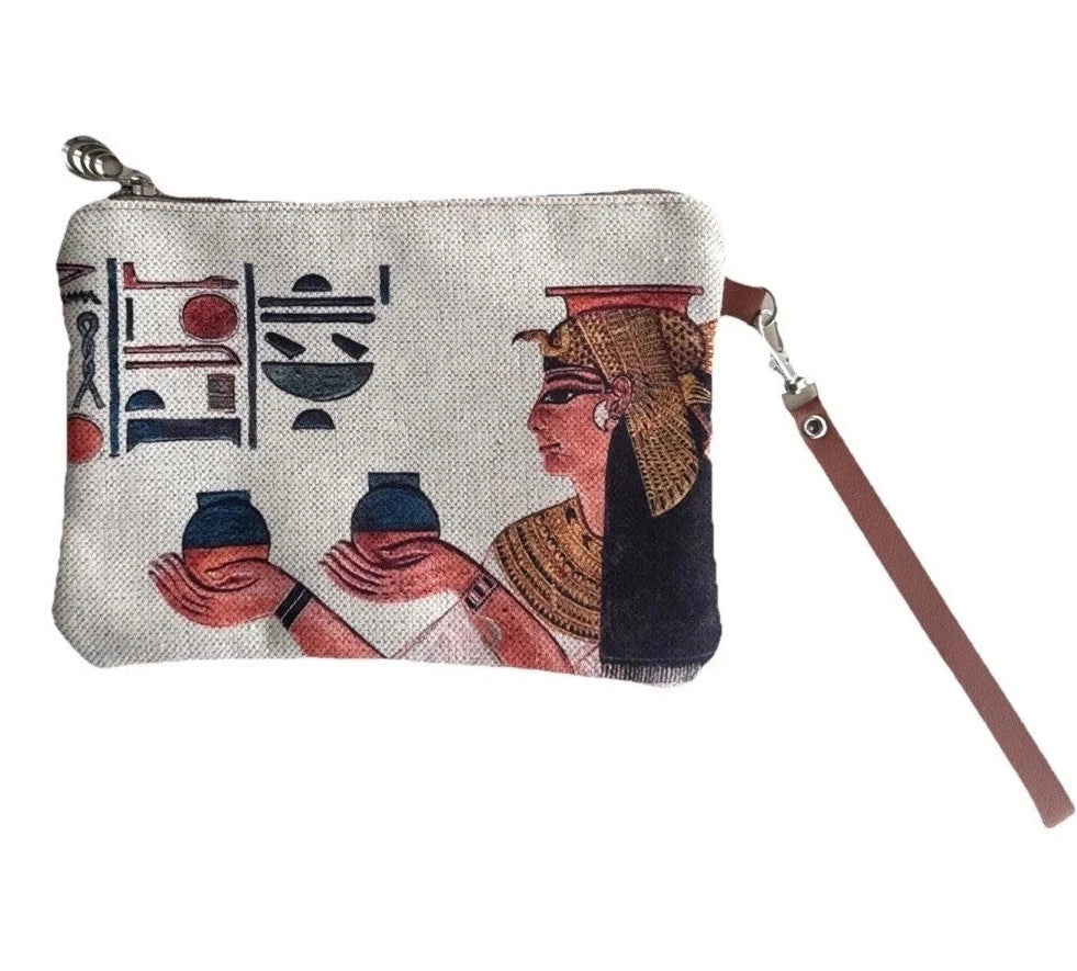 Beige Egyptian Cleopatra Canvas Wristlet Hand Wallet