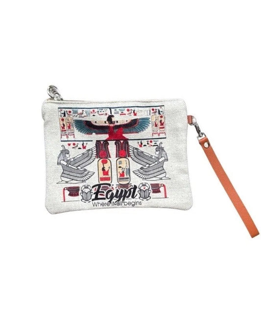 Beige Egyptian Generic Pharaonic Canvas Wristlet Hand Wallet