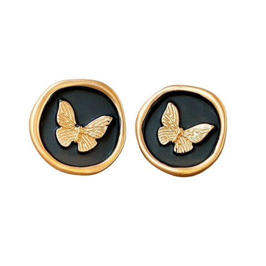 Gold Plated Butterfly Round Black Acrylic Stud Earring