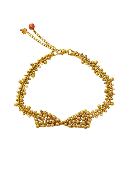 Beige And Gold Handmade Beaded Bow Bracelet