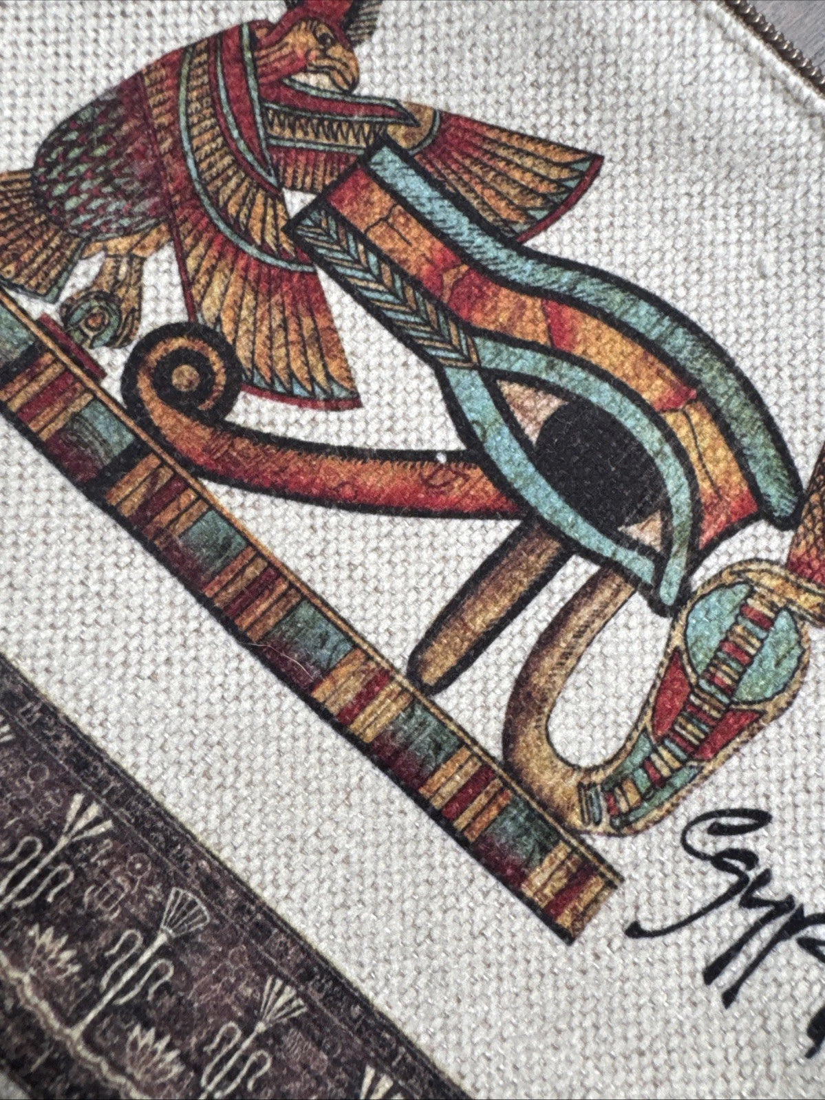 Beige Egyptian Horus Eye Canvas Wristlet Hand Wallet