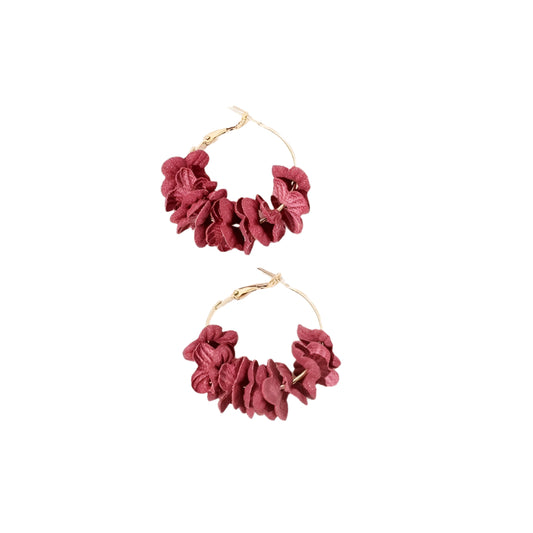 Red Floral Petals Gold Hoop Drop Earring