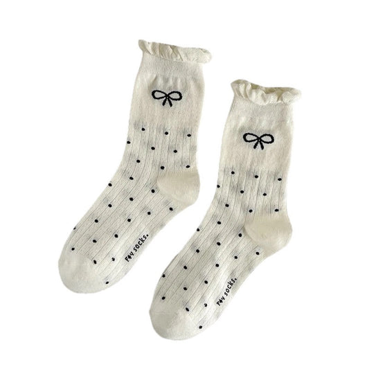 White And Black Polka Dots Bow Women Mid Length Socks