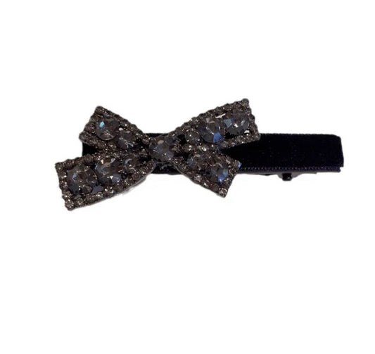 Black Velvet And Black Rhinestones Bow Hair clip