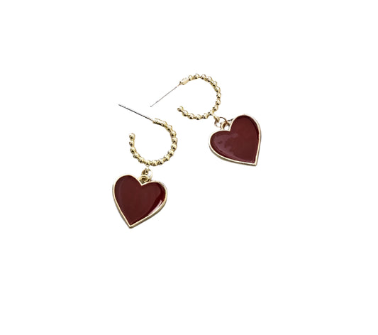 Red Enamel And Gold Heart Hoop Drop Earring