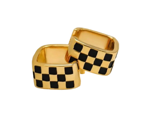 Gold Plated Black Checks Square Shape Hoop Earrings