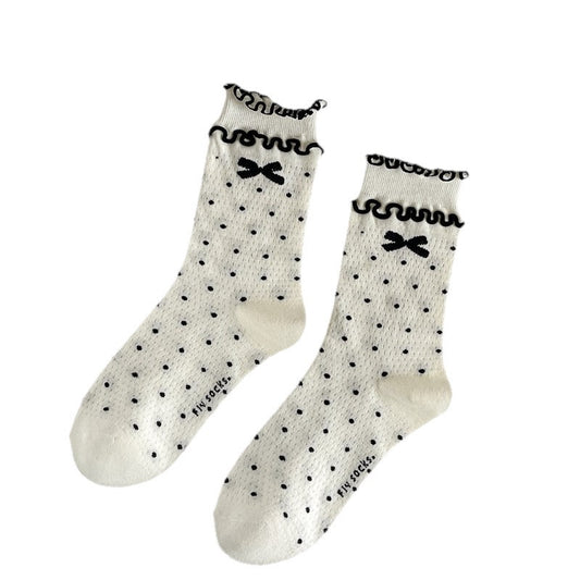 White And Black Polka Dots Bow With Black Ruffled Edge Women Mid Length Socks