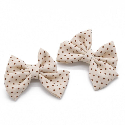 Beige Polka Dot Bow 2 Piece Hair Clip Set