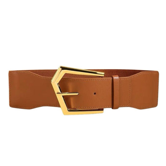 Camel And Gold Wide Buckle Adjustable Stretchy Band Women’s Belt