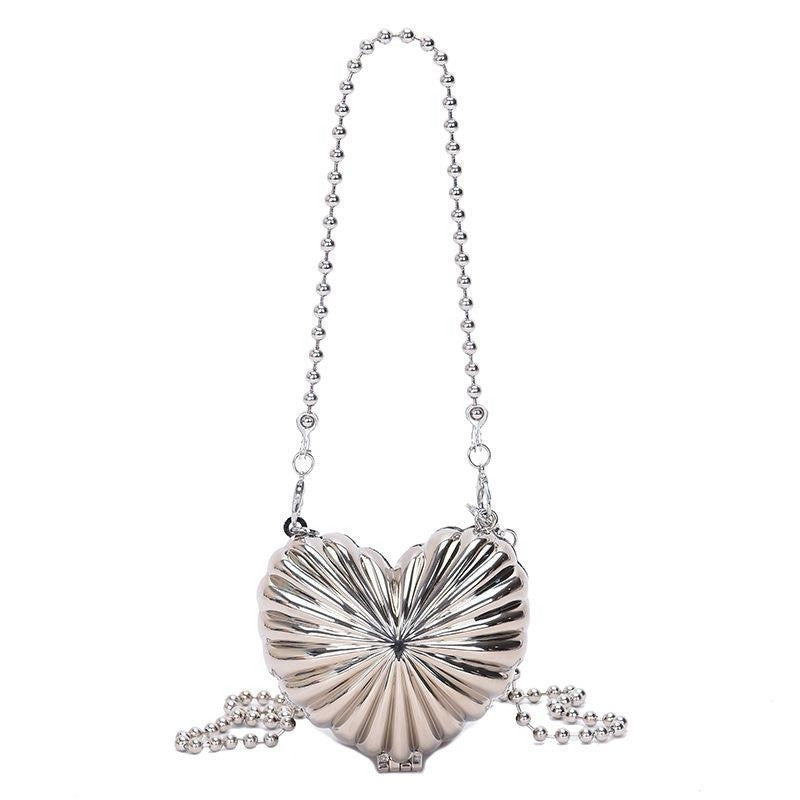 Silver Mini Heart Hard Shell Double Chain Crossbody Coin Purse