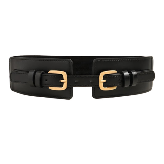 Black And Gold Double Buckle Adjustable Elastic Band Women’s Belt