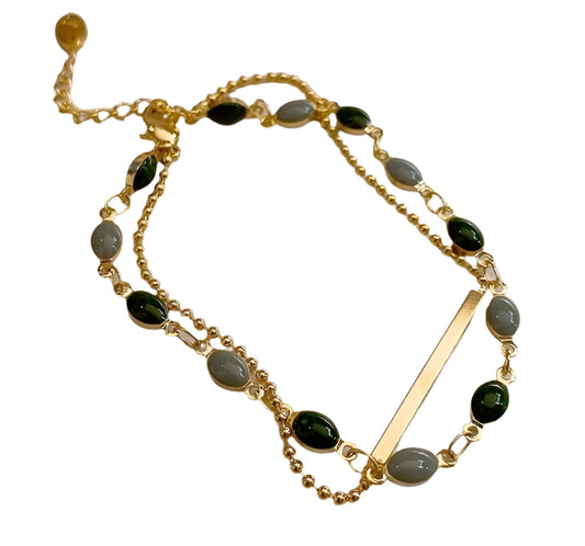Gold Plated Black And Green Beaded Bracelet