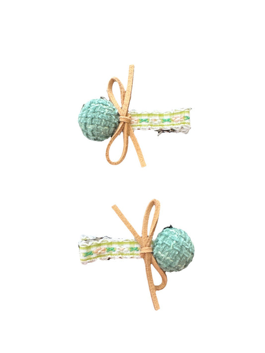 Green Round Crochet Floral Fabric 2 Piece Hair Clip Set