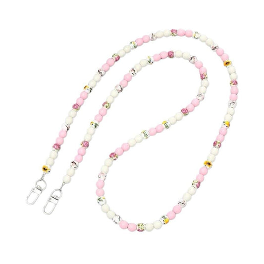 Pink And White Floral Beaded Mobile Phone Chain Holder