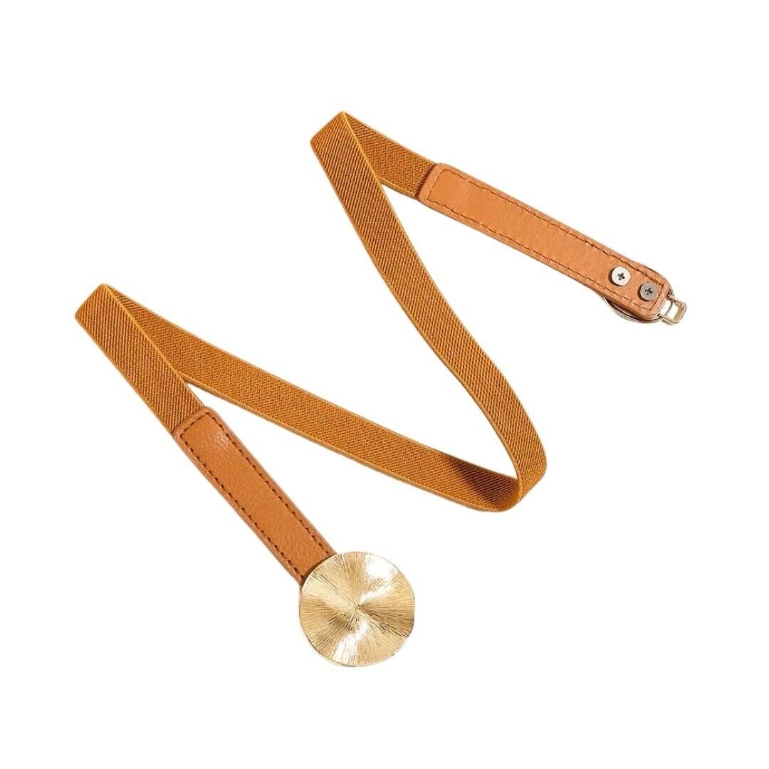 Camel And Gold Round Buckle Adjustable Stretchy Band Women’s Belt