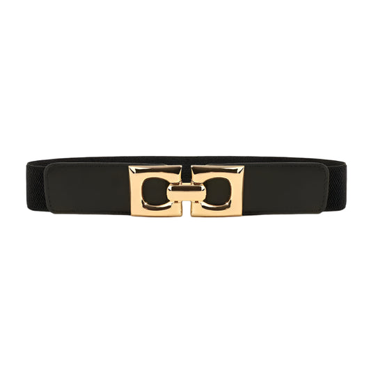 Black And Gold Squared Edges Square Buckle Adjustable Elastic Band Women’s Belt