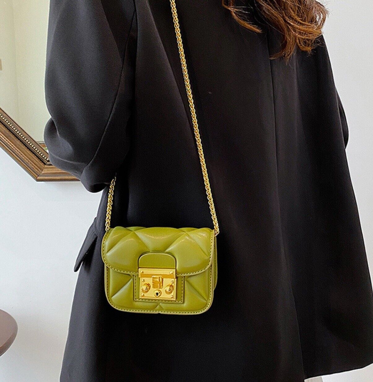 Sage Green Mini Faux Leather Quilted Crossbody Mini Bag