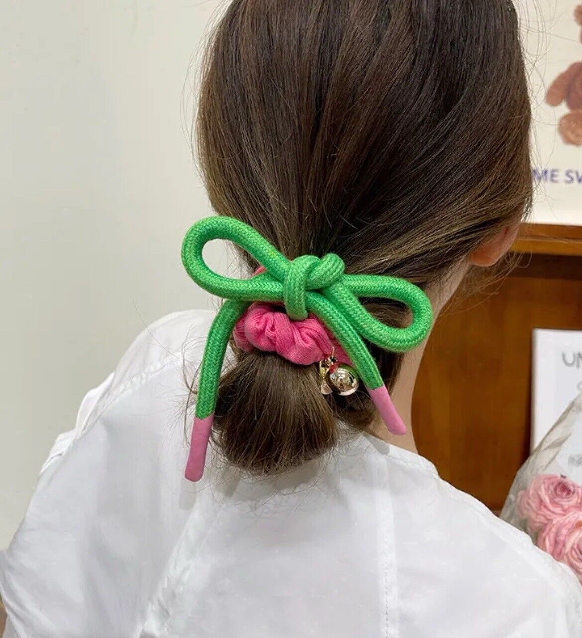 Green And Pink Rope Bow Knot Hair Scrunchie/ Hair Tie