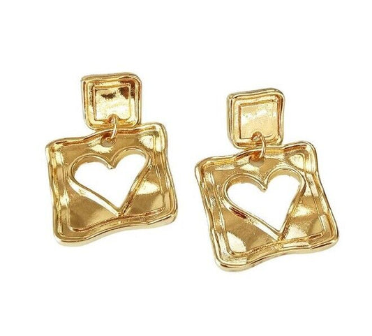 Gold Square Hollow Heart Drop Earring