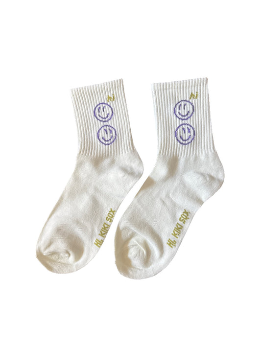 White And Purple Smiley Faces Women Mid Length Socks