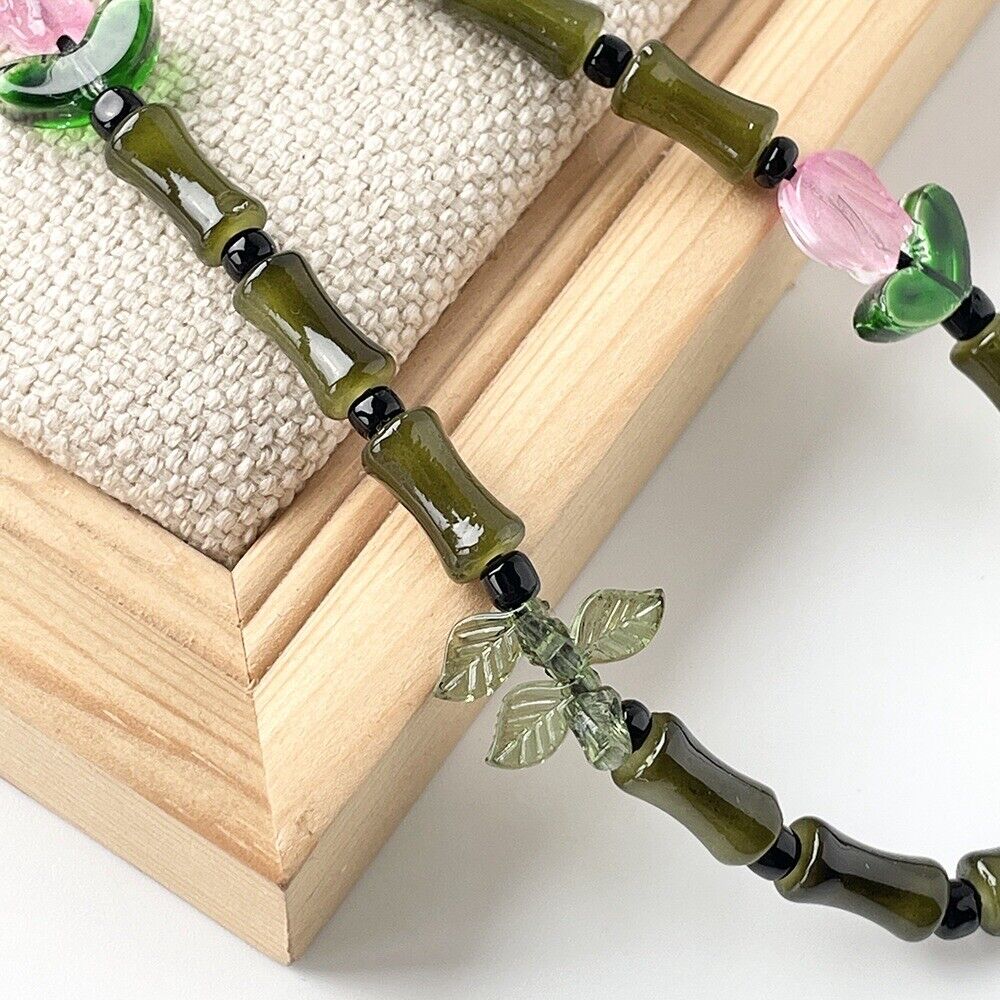 Green Pink Acrylic And Glass Bamboo Style Mobile Phone Chain/holder