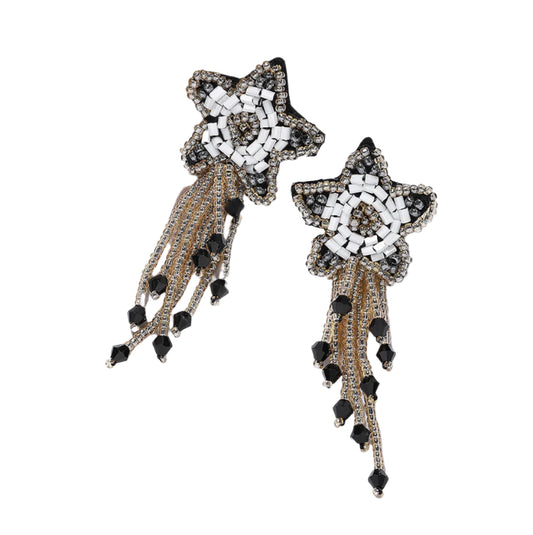 Black And Gold Handmade Beaded Star Tassels Earrings