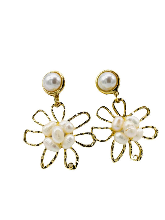 Gold Plated Pearls Cluster Floral Drop Earring