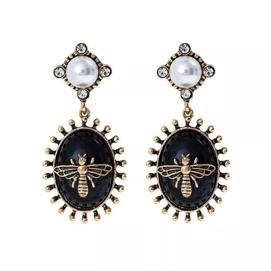 Black Enamel Bee And Pearl Drop Earrings