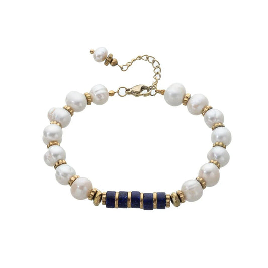 Gold plated, Navy Blue Beaded And Imitation Pearls Stainless Steel Bracelet