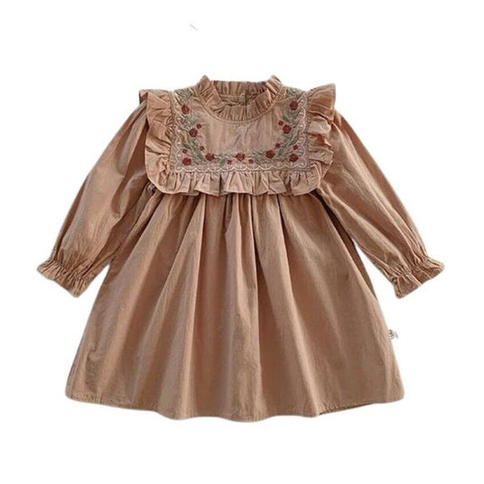 4T Baby Girl Beige Flower Embroidered A Line Cotton Dress