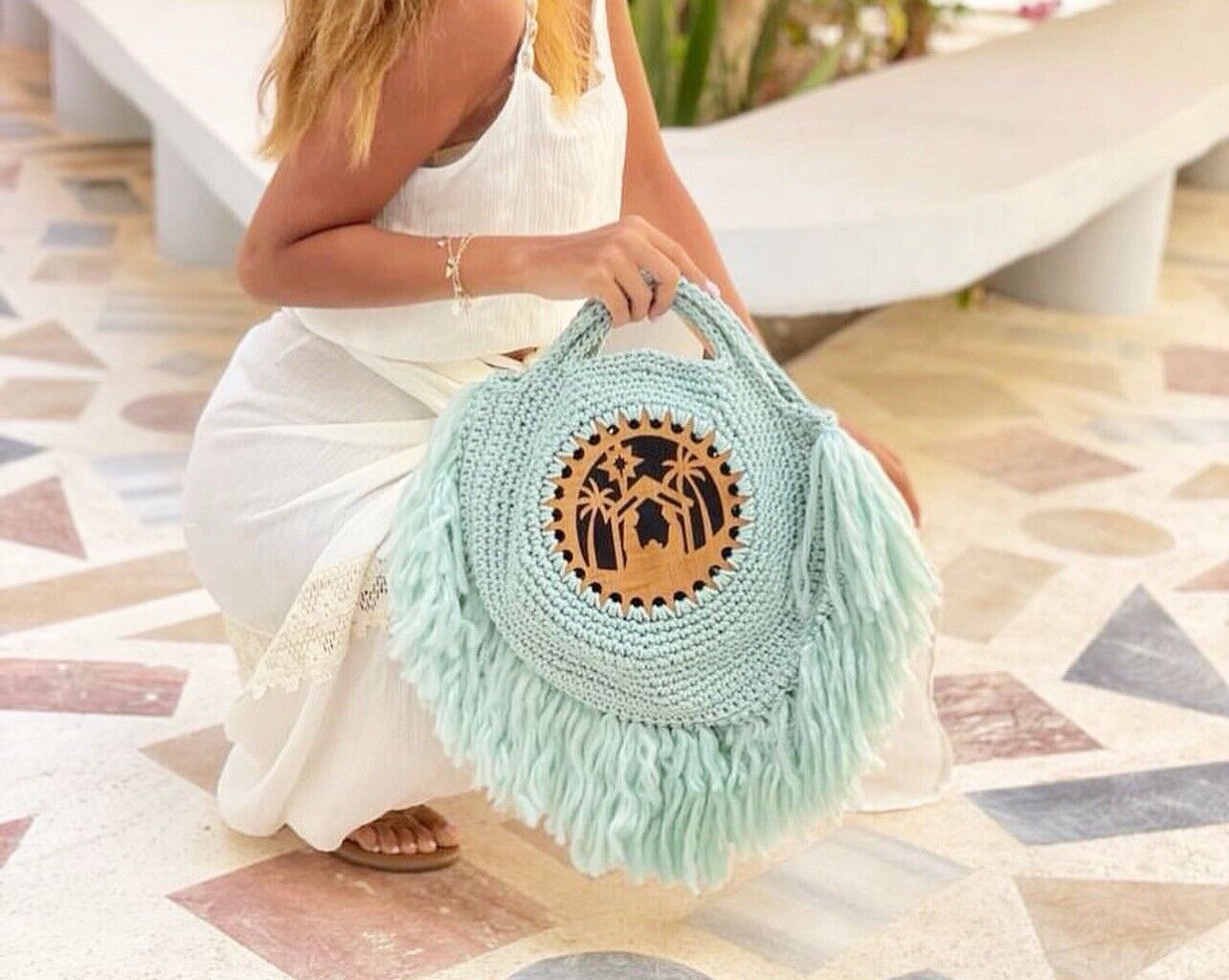 Blue Egyptian Handmade Crochet Bag With Nativity Carved Wood Appliqué