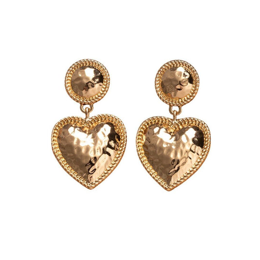 Gold Textured Round Heart Drop Earring