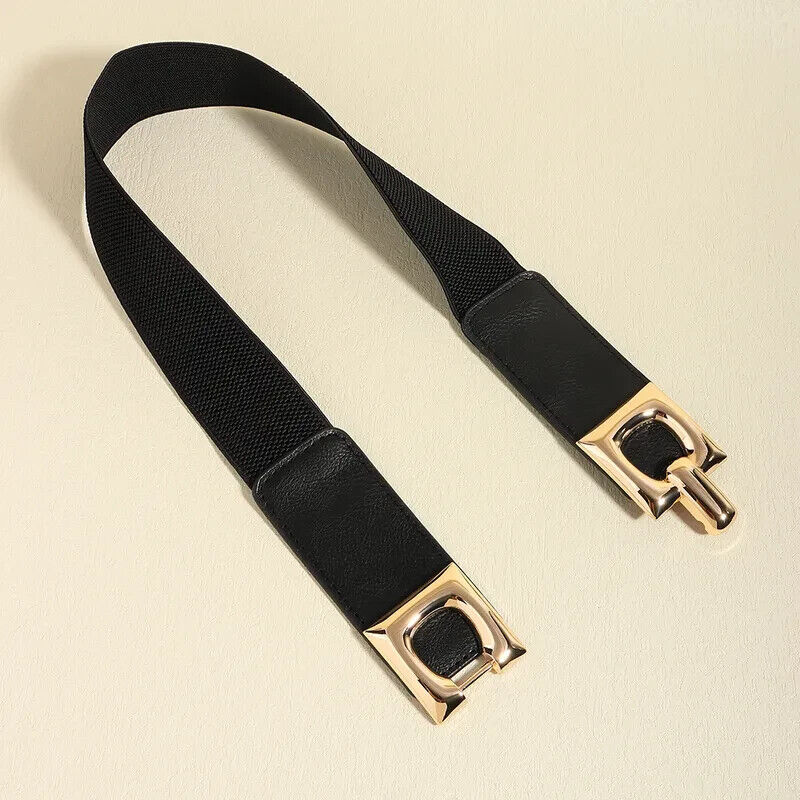 Black And Gold Squared Edges Square Buckle Adjustable Elastic Band Women’s Belt